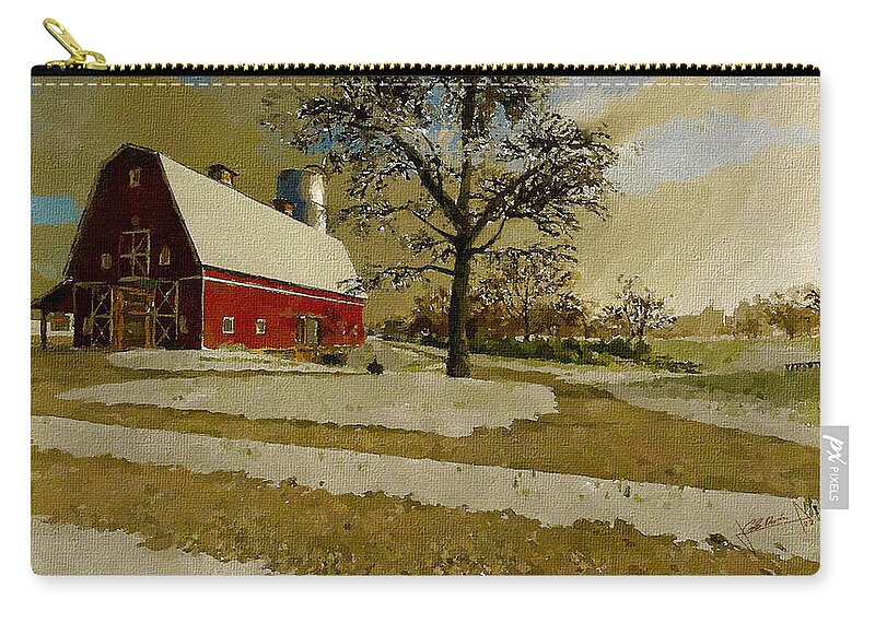 Winter Carry-all Pouch featuring the painting The Red Barn by Charlie Roman
