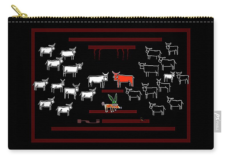 Bull Zip Pouch featuring the drawing The Red Bull... by Hartmut Jager