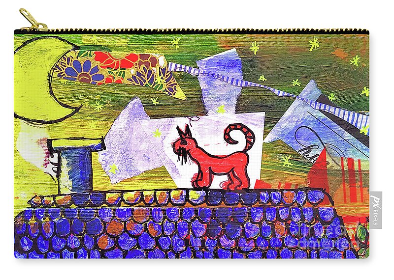 Cat Zip Pouch featuring the mixed media The Red Cat on the Roof by Mimulux Patricia No