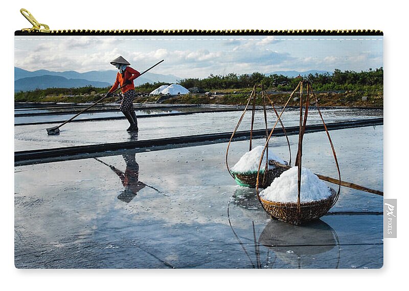 Salt Zip Pouch featuring the photograph The Salt Fields II - Salt Farmers, Vietnam by Earth And Spirit