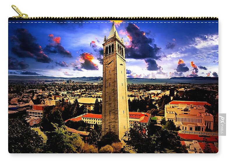 Berkeley Carry-all Pouch featuring the digital art The Sather Tower and a a view to Berkeley Campus, downtown Berkeley and San Francisco Bay at sunrise by Nicko Prints