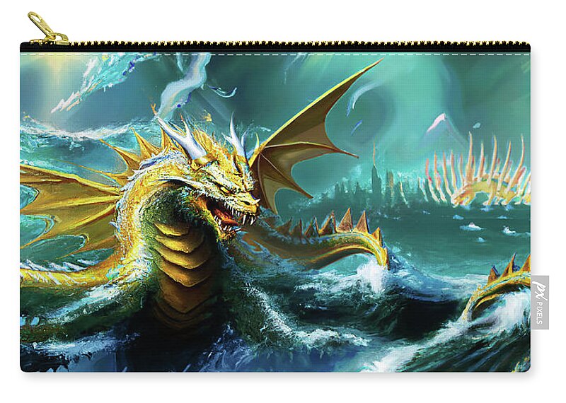 Monster Zip Pouch featuring the mixed media The sea dragon turf battle kaiju mural by Shawn Dall