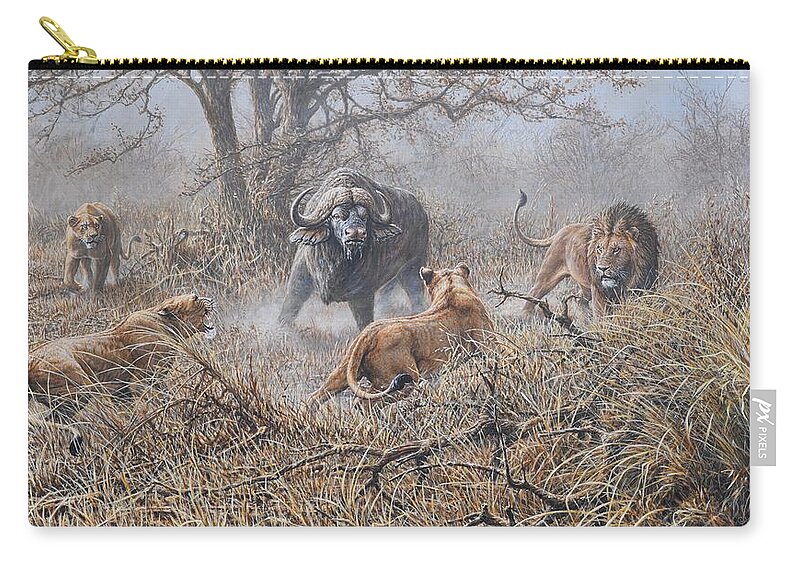Buffalo Zip Pouch featuring the painting The Stand Off by Alan M Hunt