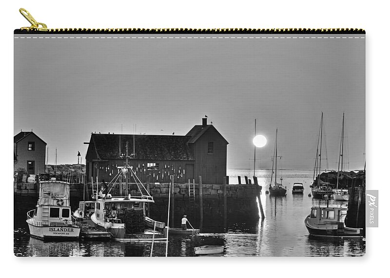 Rockport Zip Pouch featuring the photograph The sun rising by motif number 1 in Rockport MA Bearskin neck Black and White by Toby McGuire