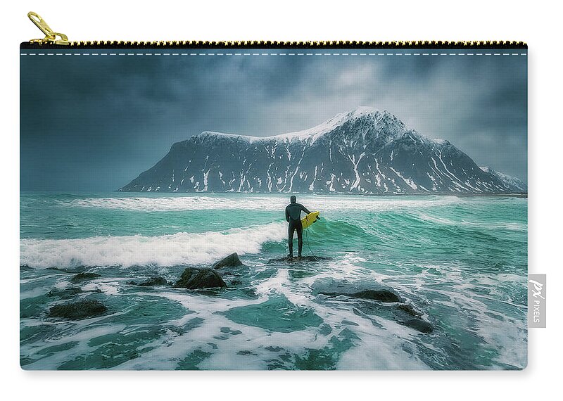 Lofoten Zip Pouch featuring the photograph The Surfer by Henry w Liu