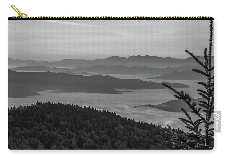 Clingmans Dome Zip Pouch featuring the photograph The Top of the Mountain at Dawn, Black and White by Marcy Wielfaert