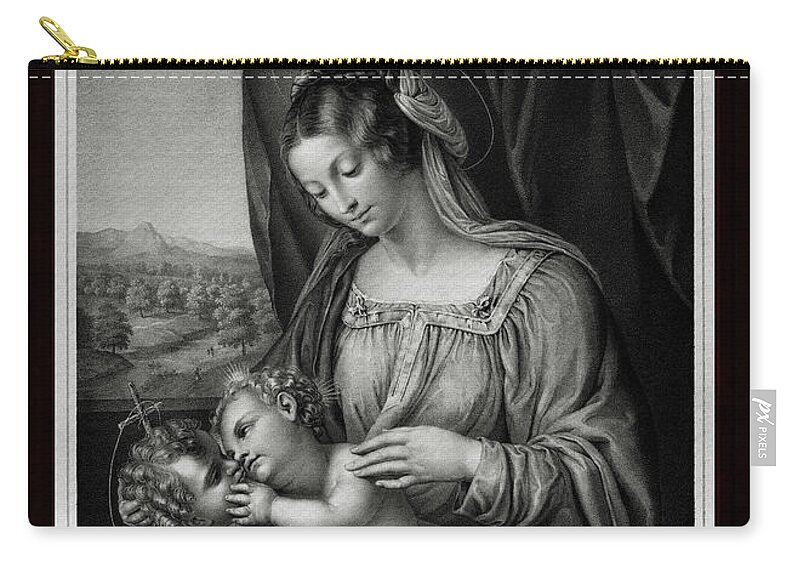 Virgin And Child Zip Pouch featuring the painting The Virgin and Child,With Infant Saint John the Baptist by Engraver Franz Hanfstangl Classical Art by Rolando Burbon