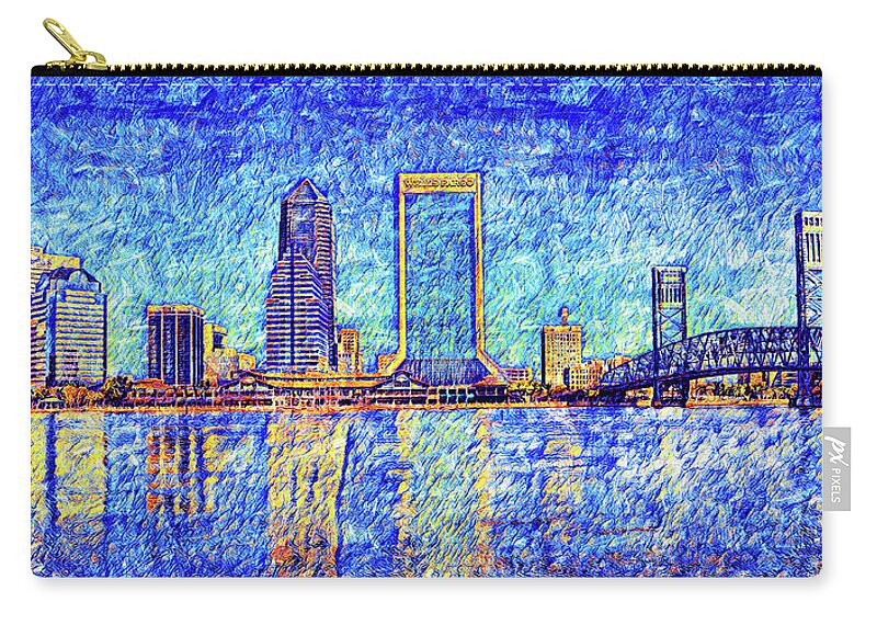 Downtown Jacksonville Zip Pouch featuring the digital art The waterfront of downtown Jacksonville, Florida - digital painting by Nicko Prints