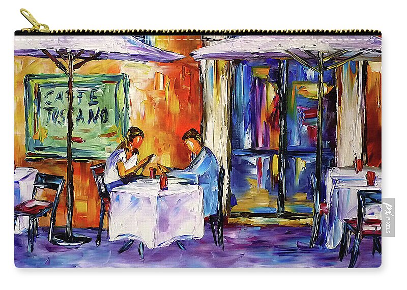 Cafe In Tuscany Zip Pouch featuring the painting The Yellow Cafe by Mirek Kuzniar