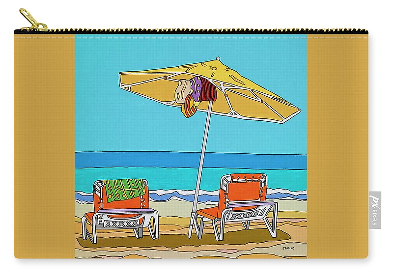 Beach Chairs Sand Ocean Water Summer Umbrella Zip Pouch featuring the painting The yellow umbrella by Mike Stanko
