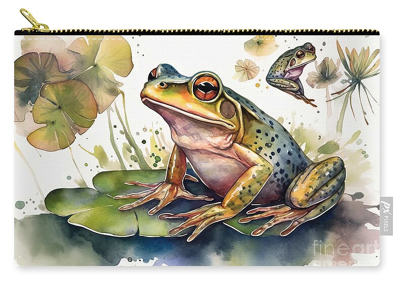 Illustration Zip Pouch featuring the painting These watercolor vector designs of frogs and their ponds are the by N Akkash