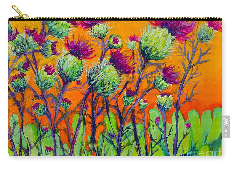Thistle Flower Field Zip Pouch featuring the painting Thistle Flower Field - Colorful Painting by Patricia Awapara