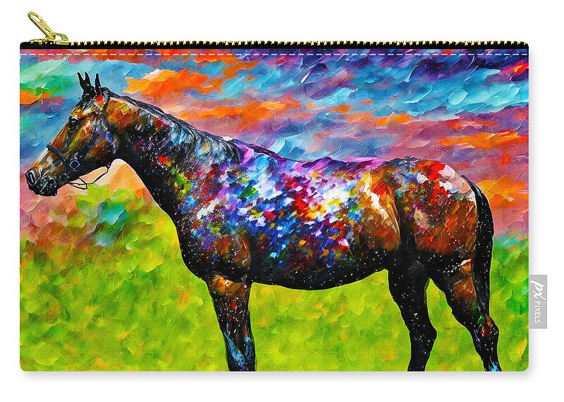 Thoroughbred Zip Pouch featuring the digital art Thoroughbred horse on a pasture - colorful abstract painting by Nicko Prints