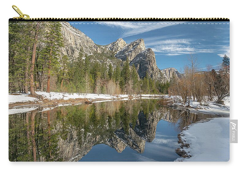 Yosemite Zip Pouch featuring the photograph Three Brothers Winter Reflection by Kenneth Everett