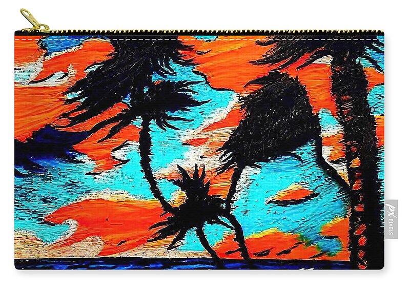 Acrylic Zip Pouch featuring the painting Three Palms Painting acrylic 8x10 canvas panel florida keys palette knife alla prima impressionism landscape art background beach beautiful blue coconut coconut palm trees design drawing holiday by N Akkash