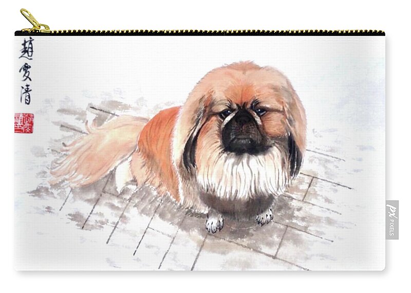 Pekes Dog Zip Pouch featuring the painting Three Pekes in a Pod - 6 Benny by Carmen Lam