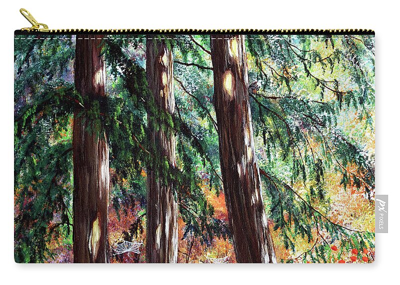 Oregon Zip Pouch featuring the painting Three Pines on an Autumn Morning by Laura Iverson