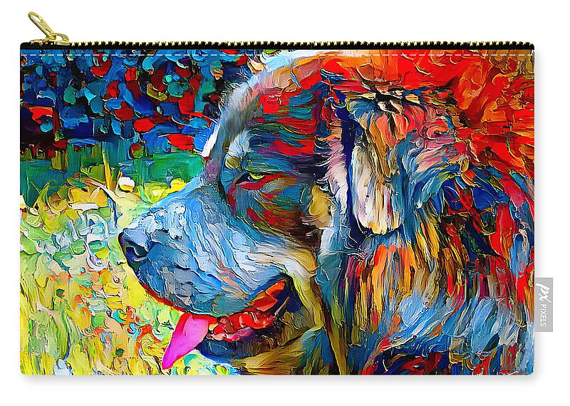 Tibetan Mastiff Zip Pouch featuring the digital art Tibetan Mastiff dog sitting profile with its mouth open - colorful palette knife oil texture by Nicko Prints