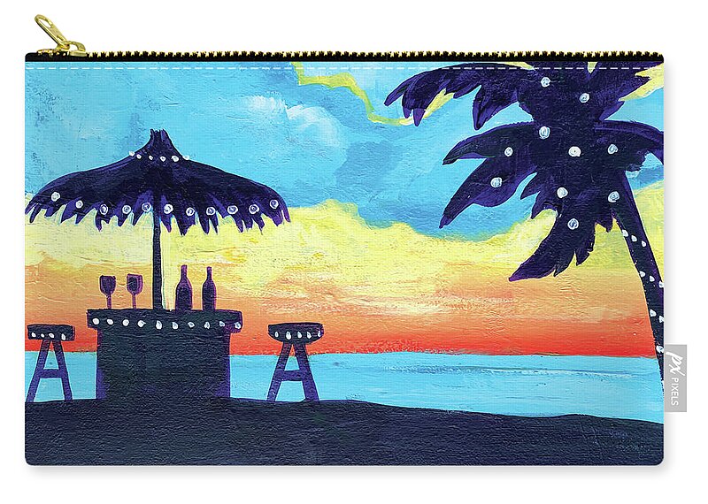 Tiki Hut Zip Pouch featuring the painting Tiki Bar by the Ocean at Sunset by Michele Fritz