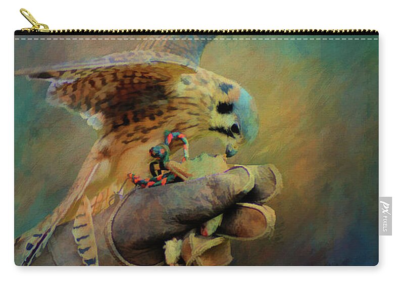 Kestrel Zip Pouch featuring the mixed media Tiny Hunter Painting by Kathy Kelly