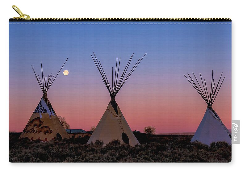 Taos Zip Pouch featuring the photograph Tipis with Morning Full Worm Moon by Elijah Rael