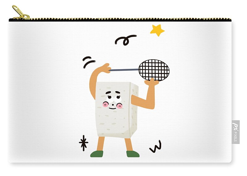 Tofu，bean Curd Zip Pouch featuring the drawing Tofu loves playing badminton by Min Fen Zhu