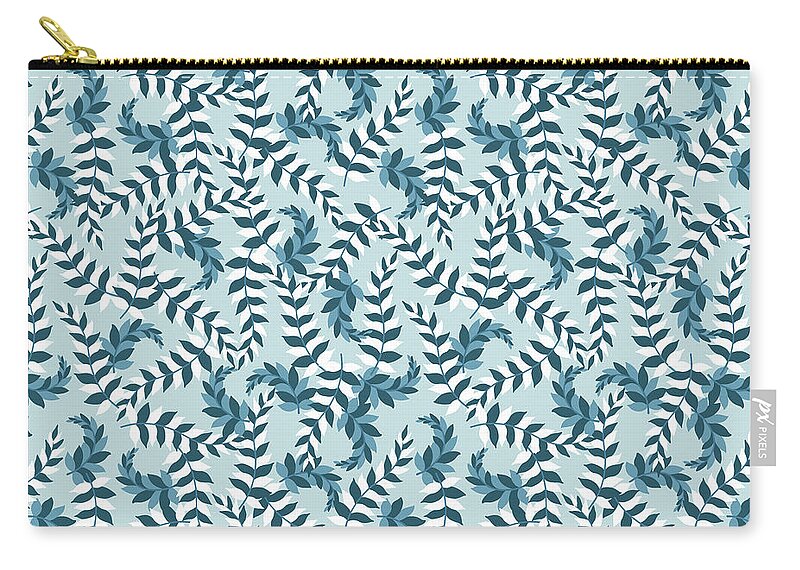 Leaves Zip Pouch featuring the painting Tossed Blue and White Stylized Leaves by Nikita Coulombe