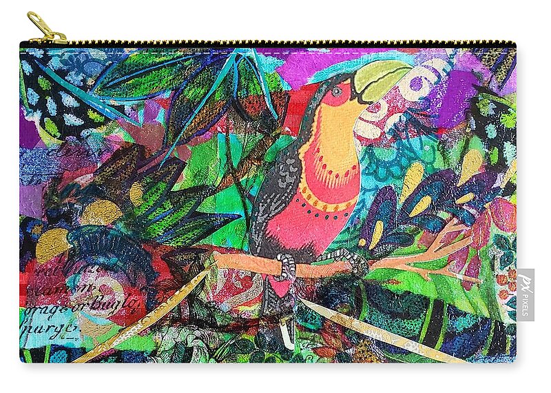 Exotic Bird Zip Pouch featuring the mixed media Toucan Time by Deborah Cherrin