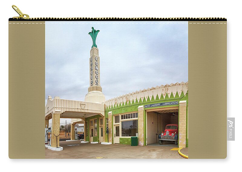 Conoco Tower Station Zip Pouch featuring the photograph Tower Station - Route 66 - Shamrock Texas by Susan Rissi Tregoning