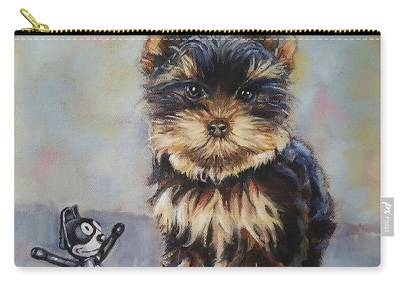 Yorkie Zip Pouch featuring the painting Toy VS Toy by Jean Cormier