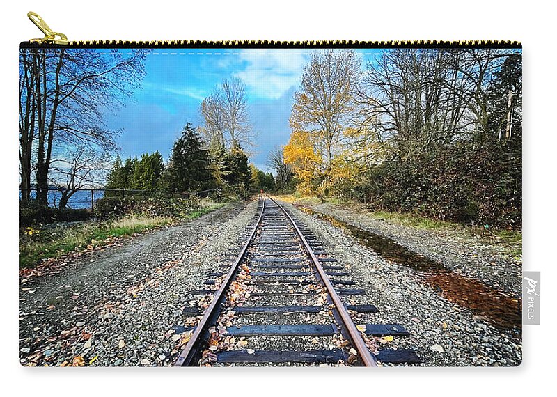 Railroad Tracks Zip Pouch featuring the photograph Tracking Time by Suzanne Lorenz