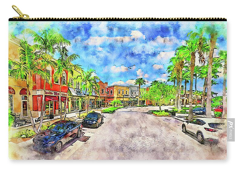 Tradition Square Zip Pouch featuring the digital art Tradition Square in Port St. Lucie, Florida - pen and watercolor by Nicko Prints