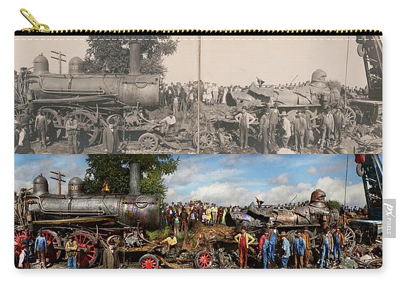 Train Zip Pouch featuring the photograph Train - Accident - Meeting head to head 1909 - Side by Side by Mike Savad