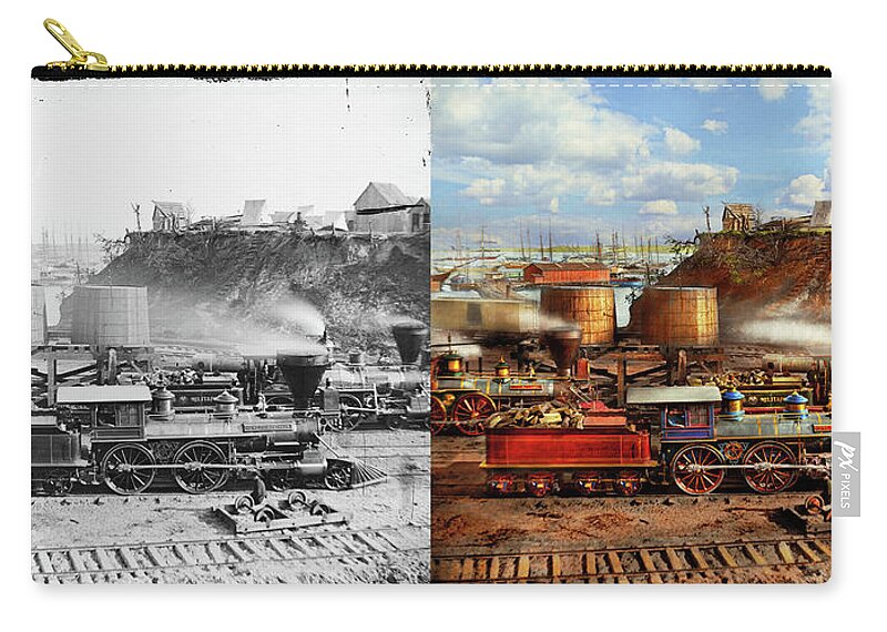 Train Zip Pouch featuring the photograph Train - Civil War - The locomotives of City Point 1865 - Side by Side by Mike Savad