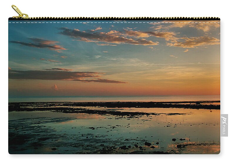 Sunset Sun Seascape Landscape Colorful Sky Dramatic Tranquility Clouds Reflections Orange Blue White Zip Pouch featuring the photograph Tranquility by Montez Kerr