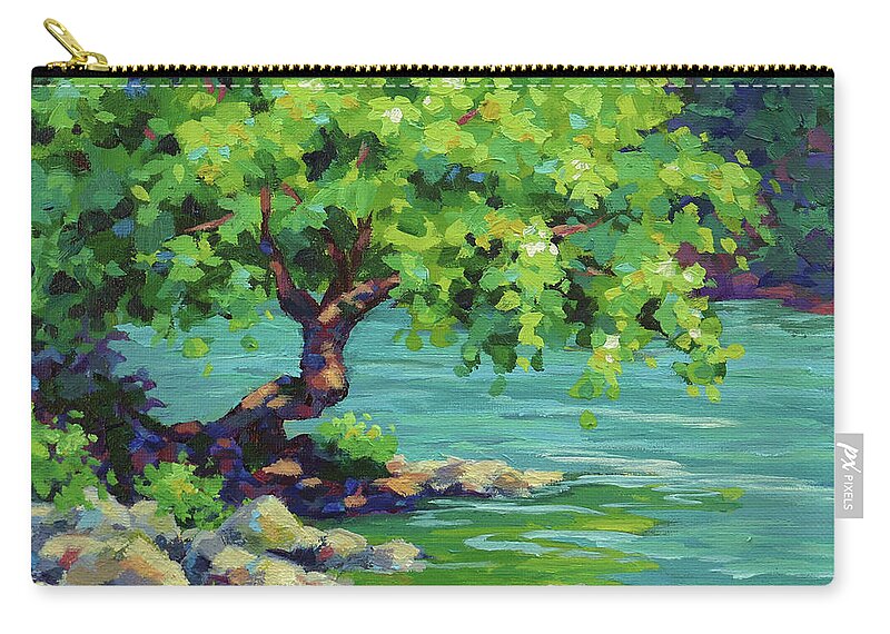 Trees Zip Pouch featuring the painting Tree on the River by Karen Ilari