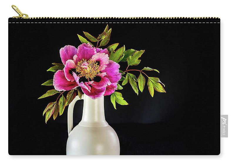 Tree Peony Zip Pouch featuring the photograph Tree peony in full blown Lan He Paeonia suffruticosa rockii i by Torbjorn Swenelius