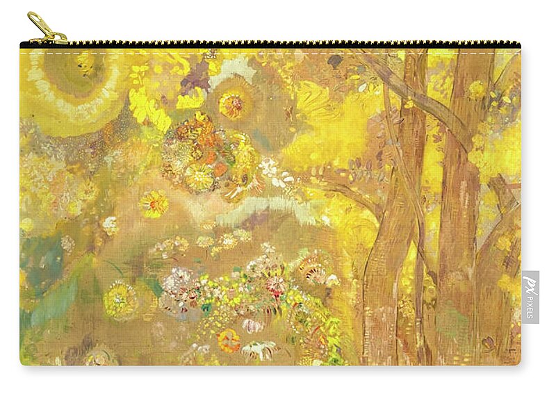 Trees On A Yellow Background Zip Pouch featuring the painting Trees On a yellow Background by Odilon Redon by Odilon Redon