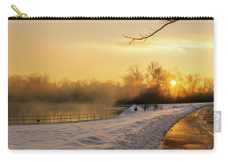 Snow Zip Pouch featuring the photograph Trexler Park Pond Foggy Winter Sunrise by Jason Fink