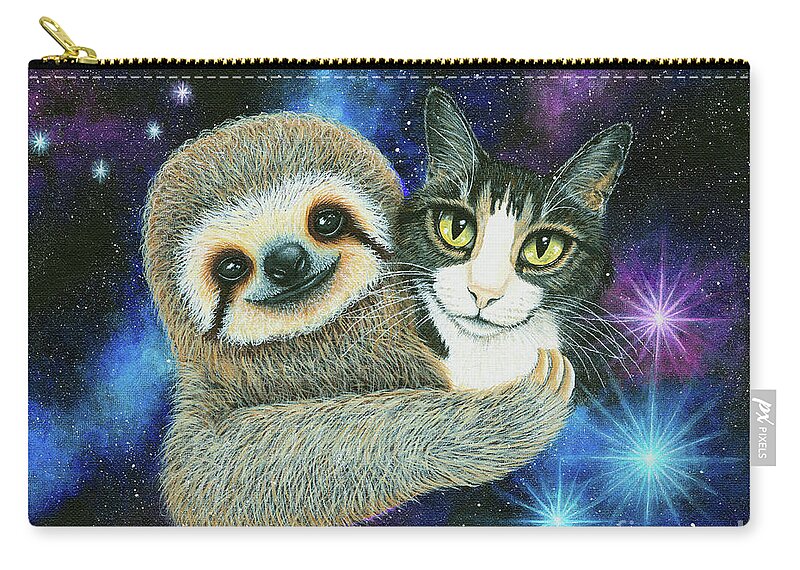 Tabby Cat Zip Pouch featuring the painting Trixie and Her Sloth Friend - Tabby Cat Galaxy by Carrie Hawks