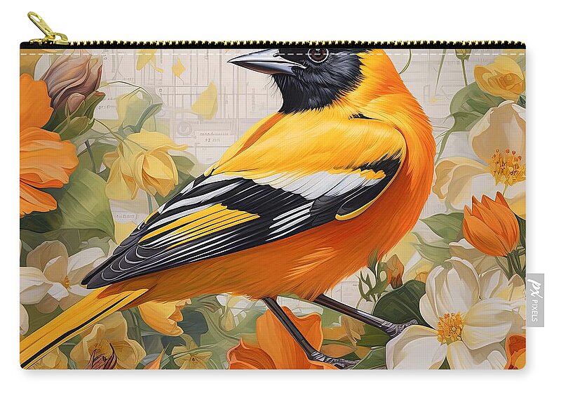 Baltimore Oriole Zip Pouch featuring the painting Tropical Elegance - Vibrant Oriole Art by Lourry Legarde