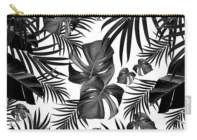 Black-and-white Zip Pouch featuring the mixed media Tropical Jungle Leaves Pattern #10 2020 Edition #tropical #decor #art by Anitas and Bellas Art