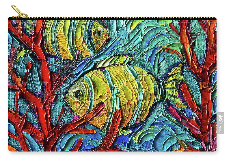 Tropical Fishes Zip Pouch featuring the painting TROPICAL YELLOW FISHES UNDERWATER palette knife oil painting Mona Edulesco by Mona Edulesco