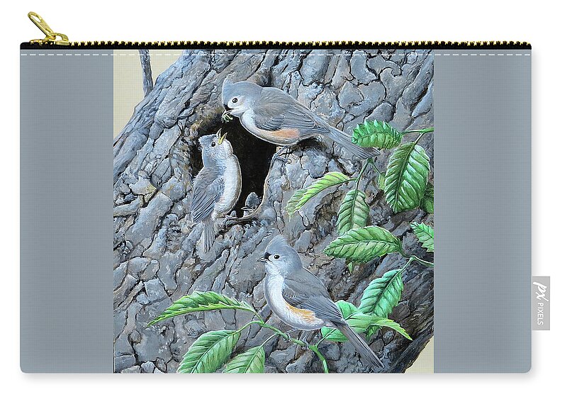 Tufted Titmouse Zip Pouch featuring the painting Tufted Titmouse family by Barry Kent MacKay