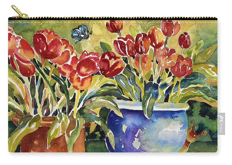 Red Tulips Zip Pouch featuring the painting Tulips in Pots by Ann Nicholson