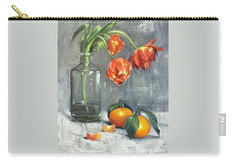 Stilllife Zip Pouch featuring the painting Tulips with Mandarins by Lori Ippolito