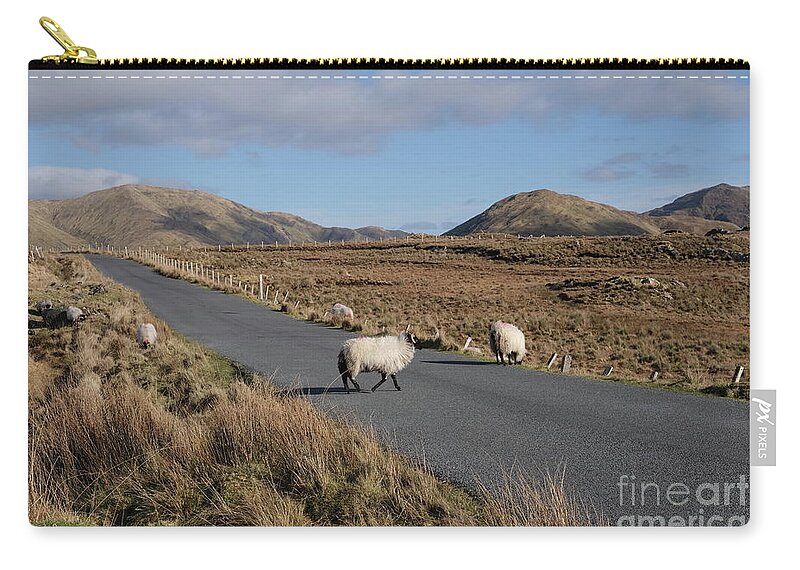 Connemara Ireland Galway Isolation Sheep Sky Roadside Mountains Photography Prints Landscape Zip Pouch featuring the photograph Tully road Connemara by Peter Skelton