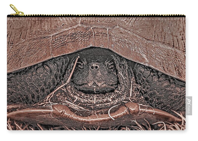 Turtle Close Black White Face Zip Pouch featuring the photograph Turtle3a by John Linnemeyer