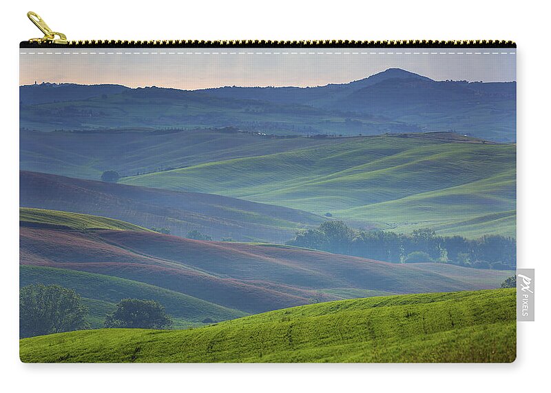 Background Zip Pouch featuring the photograph Tuscany foggy morning hill landscape by Mikhail Kokhanchikov