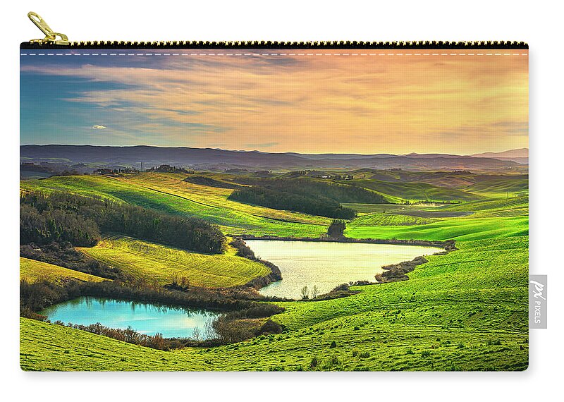 Tuscany Zip Pouch featuring the photograph Tuscany, small lakes and rural landscape on sunset, Siena Italy. by Stefano Orazzini